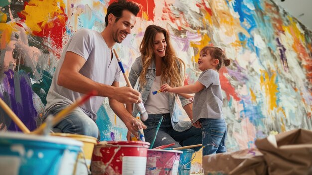 Photo a family is sitting on the floor in front of a colorful wall aig