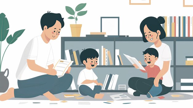Photo a family is sitting on the floor and reading books