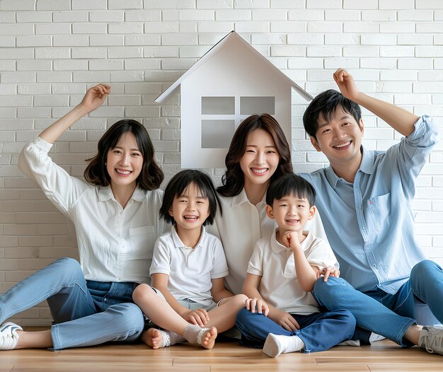 a family is sitting on the floor with a dog house behind them