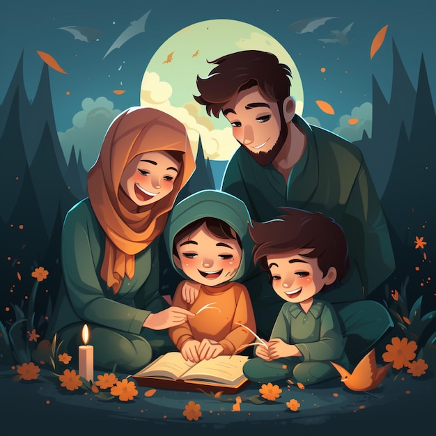 a family is sitting in a forest with a moon behind them