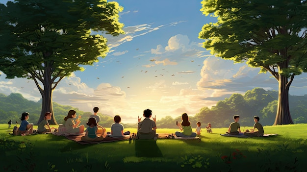 a family is sitting on the grass under a sunset.