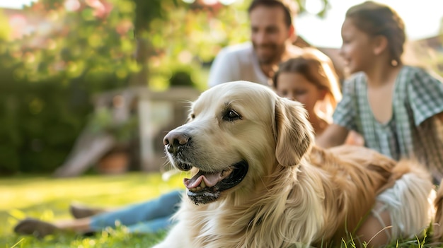 A family is sitting on the grass in their backyard with their golden retriever dog