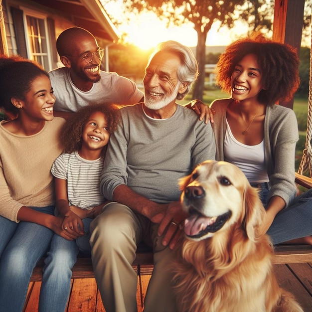 a family is sitting on a porch with a dog and a dog