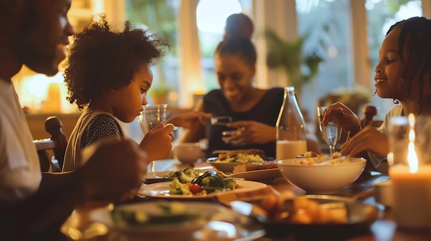 Photo a family is sitting at a table eating dinner the table is set with a variety of food including salad bread and pasta