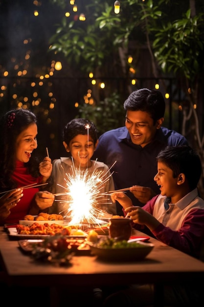 Photo a family is sitting at a table with a lit sparkler and a lit sparkler