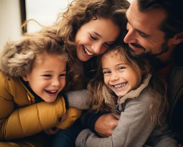 Foto una famiglia sorride e ride mentre è seduta su un divano