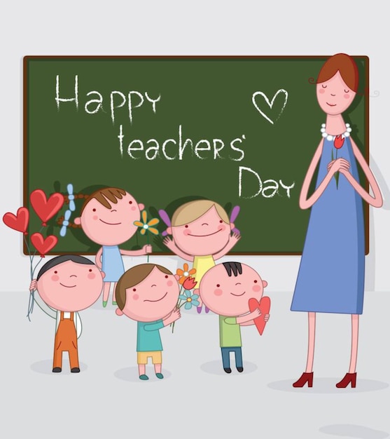 a family is standing in front of a chalkboard with a teacher and kids