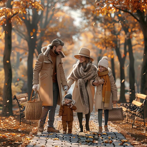 a family is walking in a park with a little girl and a basket