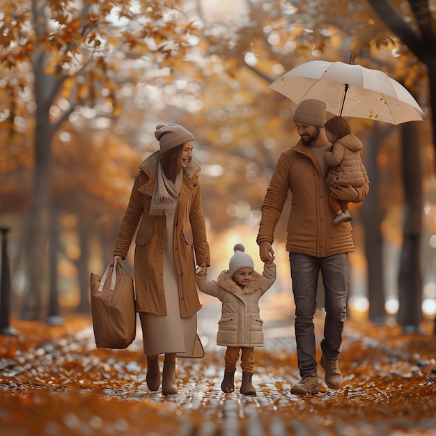 a family is walking in the park with an umbrella