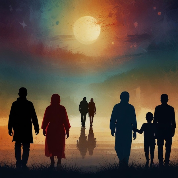 Foto una famiglia sta camminando al tramonto con il sole dietro di loro