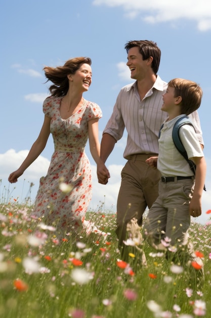 A family is walking through a field of flowers