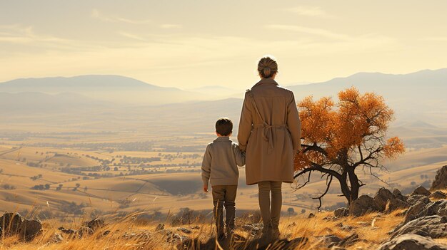 a family is walking together in a park in the fresh air in autumn the trees are wearing orange leav