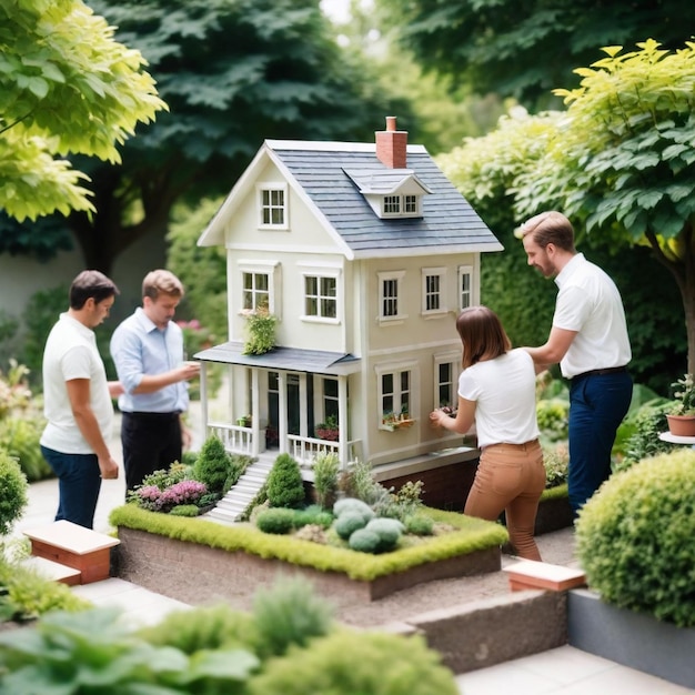 Foto una famiglia sta lavorando su una casa modello in un giardino