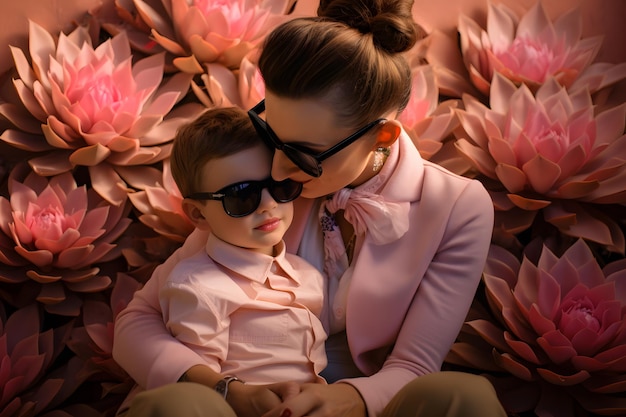 A family kissing their Children taking photos outdoors with blossoms around