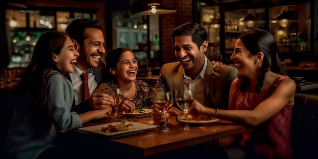 Family laughing and hugging while having dinner together