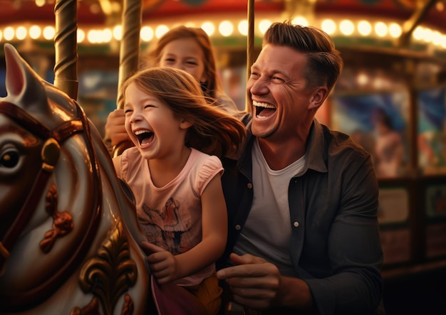 A family laughing together on a carousel ride