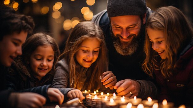 Family Lighting Hanukkah Menorah Capturing Joyous Atmosphere with Warm and Cozy Photography