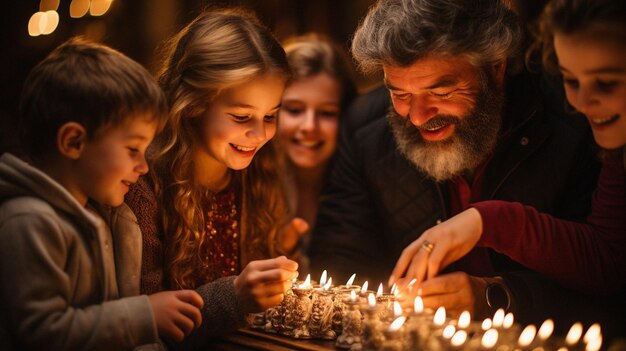 Photo family lighting hanukkah menorah capturing joyous atmosphere with warm and cozy photography