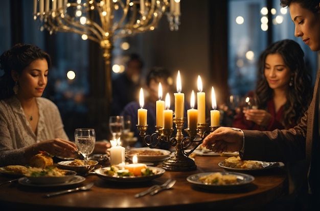 A family lights a candle for the Jewish holiday of Hanukkah