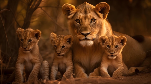 A family of lion cubs sits on a rock in the jungle.