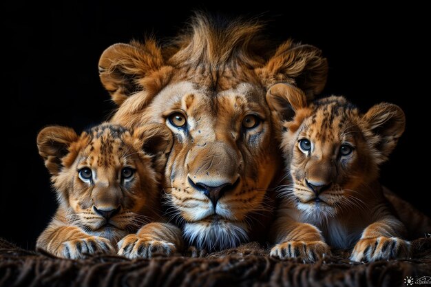 a family of lion is shown with two cubs