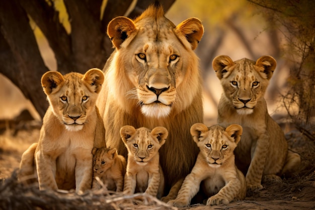 Photo a family of lions sitting under a tree