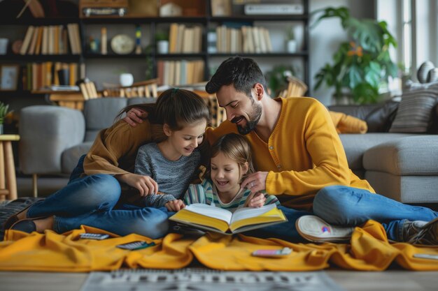 Photo a family in the living room happily chats about applying for online education