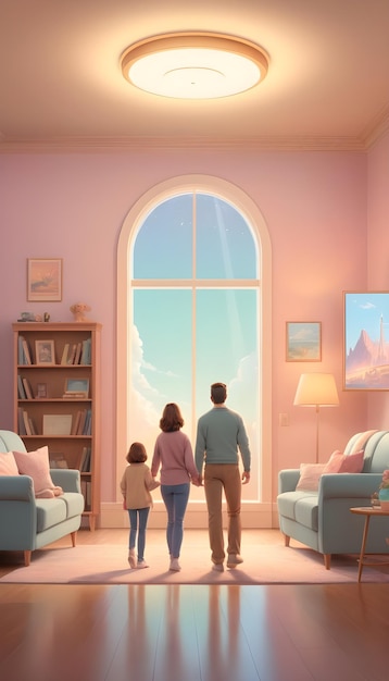 Photo a family looking at a window with a pink couch and two people standing in front of it