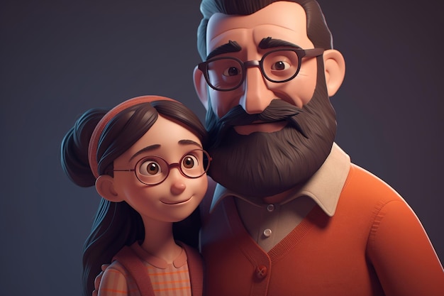 Family loving portrait Caucasian dad and daughter together adult man hugging cute girl Volumetric illustration of Generative AI