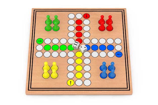 흰색 바탕에 가족 Ludo 책상 나무 보드 게임. 3d 렌더링