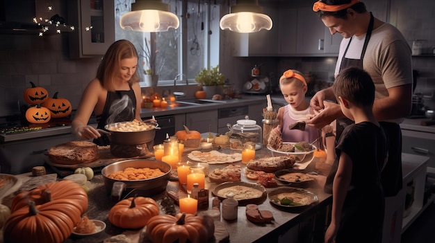 Family making cake pumpkin halloween in the kitchen