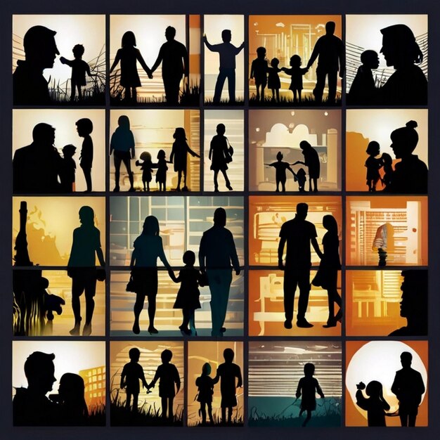 Photo family man and women grouping people avatar silhouette with kids glyph vectors