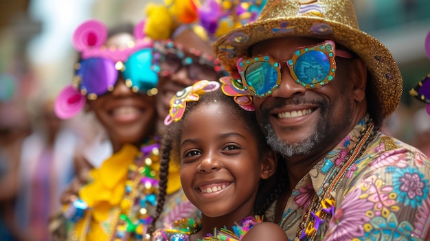 A family in matching carnival outfits smiling and celebrating together in the heart of Mardi Gras