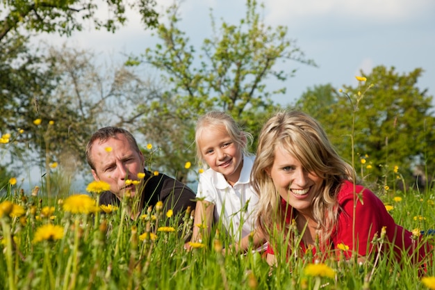 Famiglia sul prato in primavera