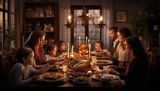 Foto pasto in famiglia il giorno delle candele incentrato sulla tavola adornata con candele e cibi tradizionali