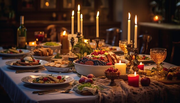 Foto pasto in famiglia il giorno delle candele incentrato sulla tavola adornata con candele e cibi tradizionali