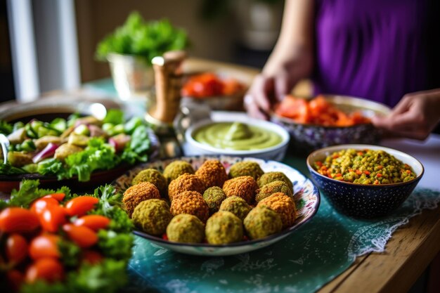 Foto pasta in famiglia con un piatto di falafel condiviso