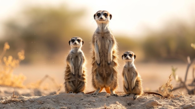 Photo a family of meerkats standing sentinel in the arid deserts of africa