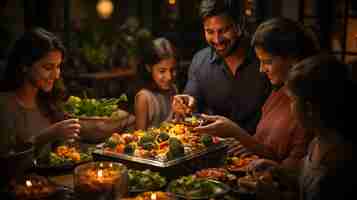 Photo family members gathering around the dining background