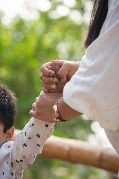 Family members holding hands while they walk through the park family portrait