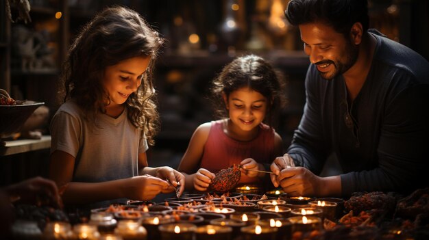 Photo family members lighting candles and diyas wallpaper