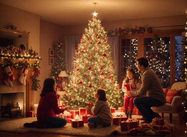 크리스마스에 가족들은 크리스마스 트리 선물과 아늑한 분위기가 있는 거실에서 다시 모입니다.