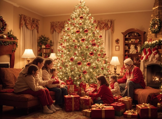 Family members reunite on Christmas Day in living room with Christmas tree gifts and cozy ambience