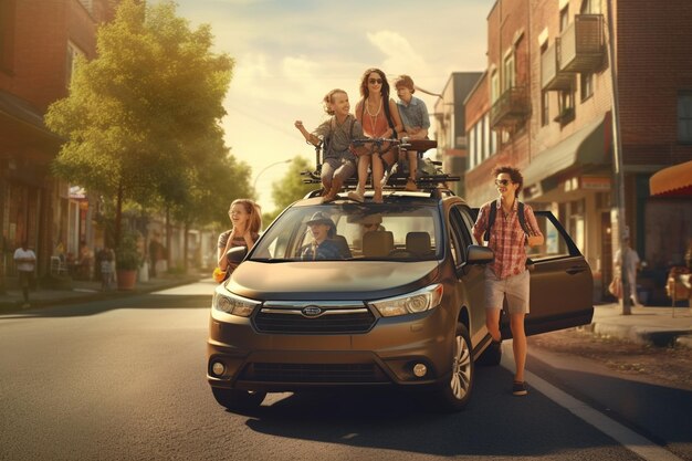 Family in a minivan embarking on a summer road Generative ai