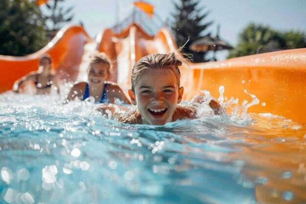 Family Moments at Waterpark With Kids Splashing and Swimming