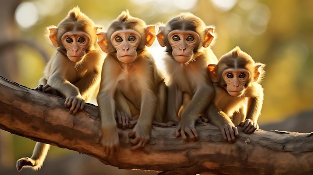 A family of monkeys sits on a branch