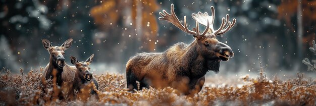 森の背景に秋の野原でモス・エルクの家族