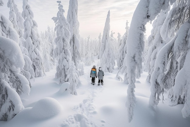 Family mother and daughter hiking in snowshoes in beautiful winter forest among snow covered trees