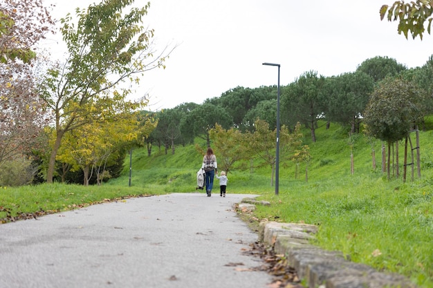 A family of mother and her little son walking in the park  view from the back