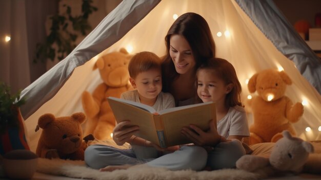 Photo family mother reading to children book in tent at home